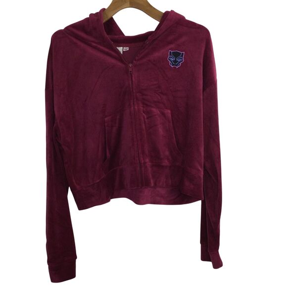 Marvel Black Panther Wakanda Forever Velvet Full Zip Crop Hoddie Berry Red XXL - Picture 1 of 12